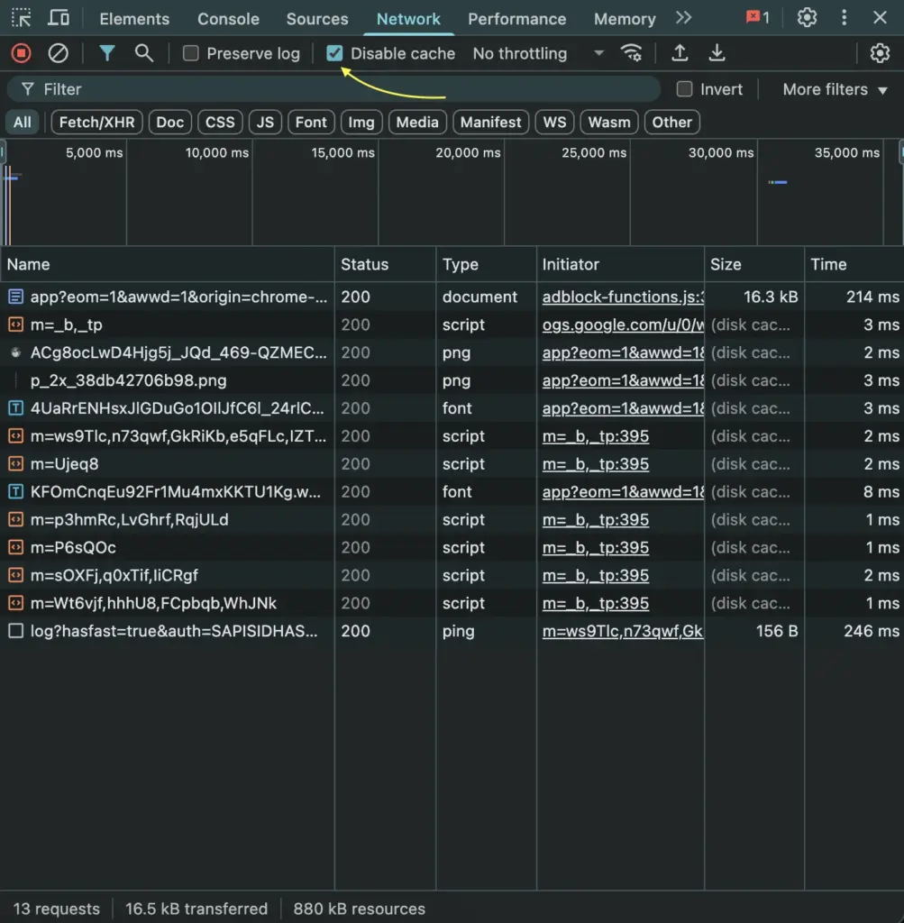 Disable cache in Chrome DevTools