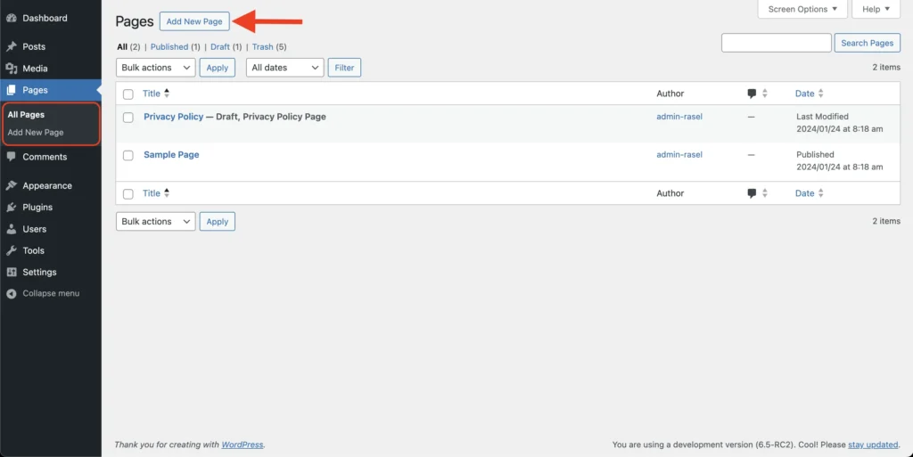 wordpress a new page